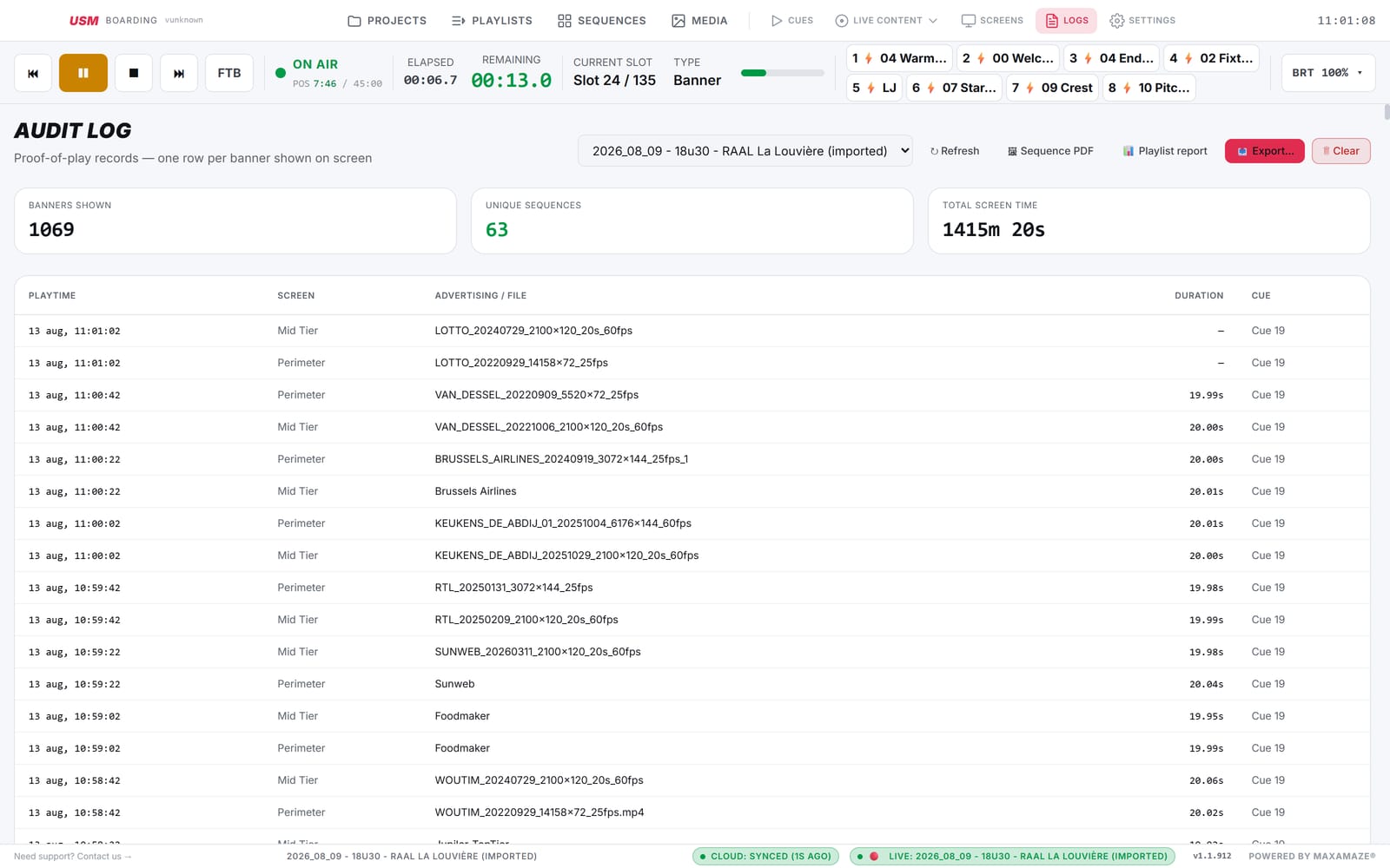 Audit log of played slots