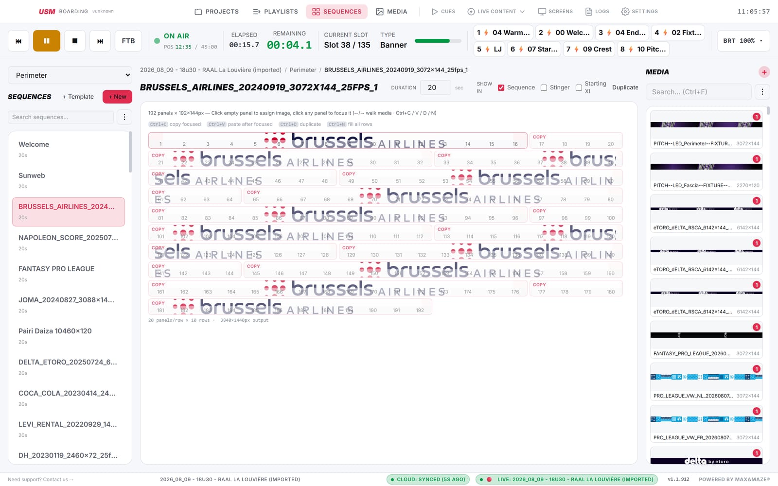 Sequence Designer in Panels mode showing the numbered panel grid