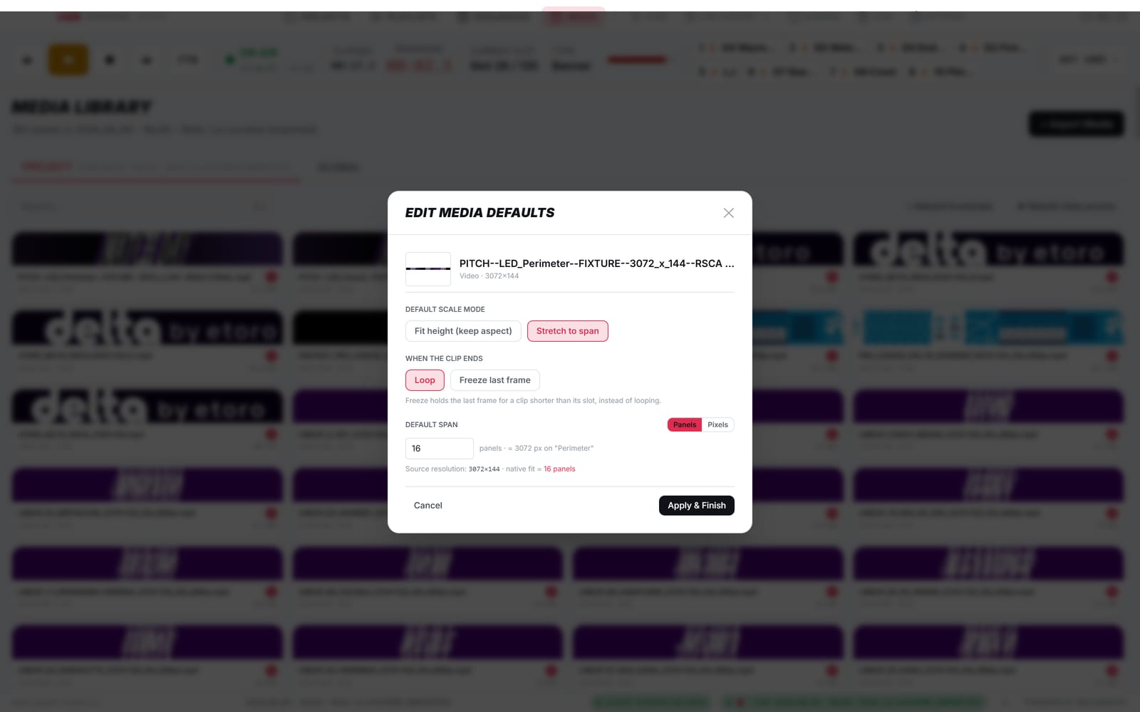 Edit media defaults dialog with scale mode, clip end behaviour and default span