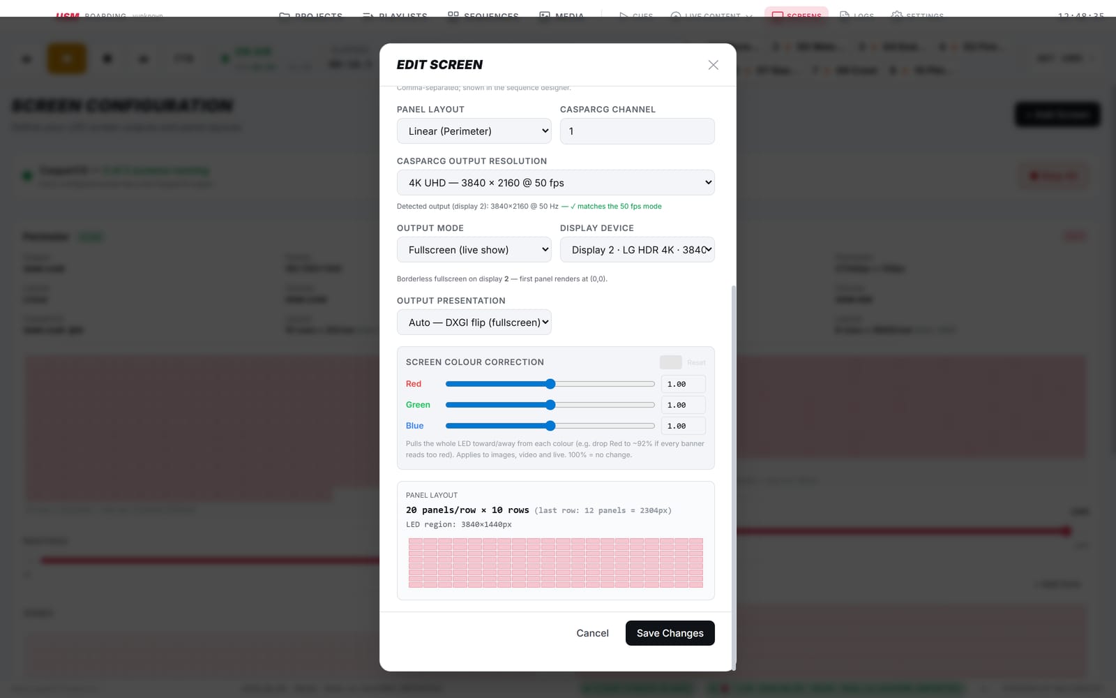 Edit Screen dialog showing output presentation and screen colour correction