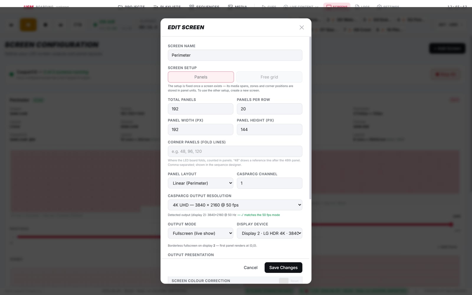 Edit Screen dialog for a Panels screen, showing panel counts and dimensions