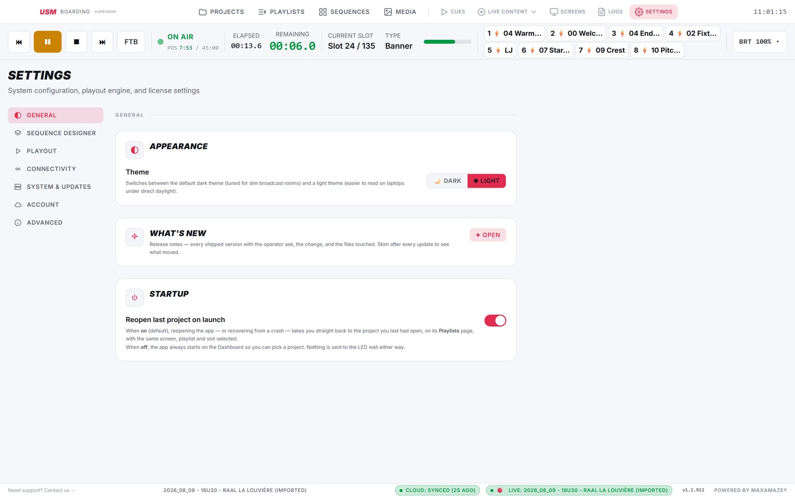 Settings page