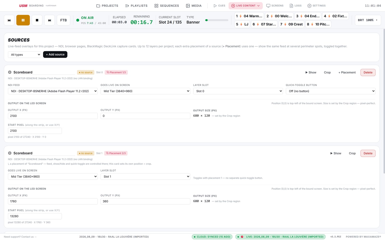 Live sources page with NDI placements