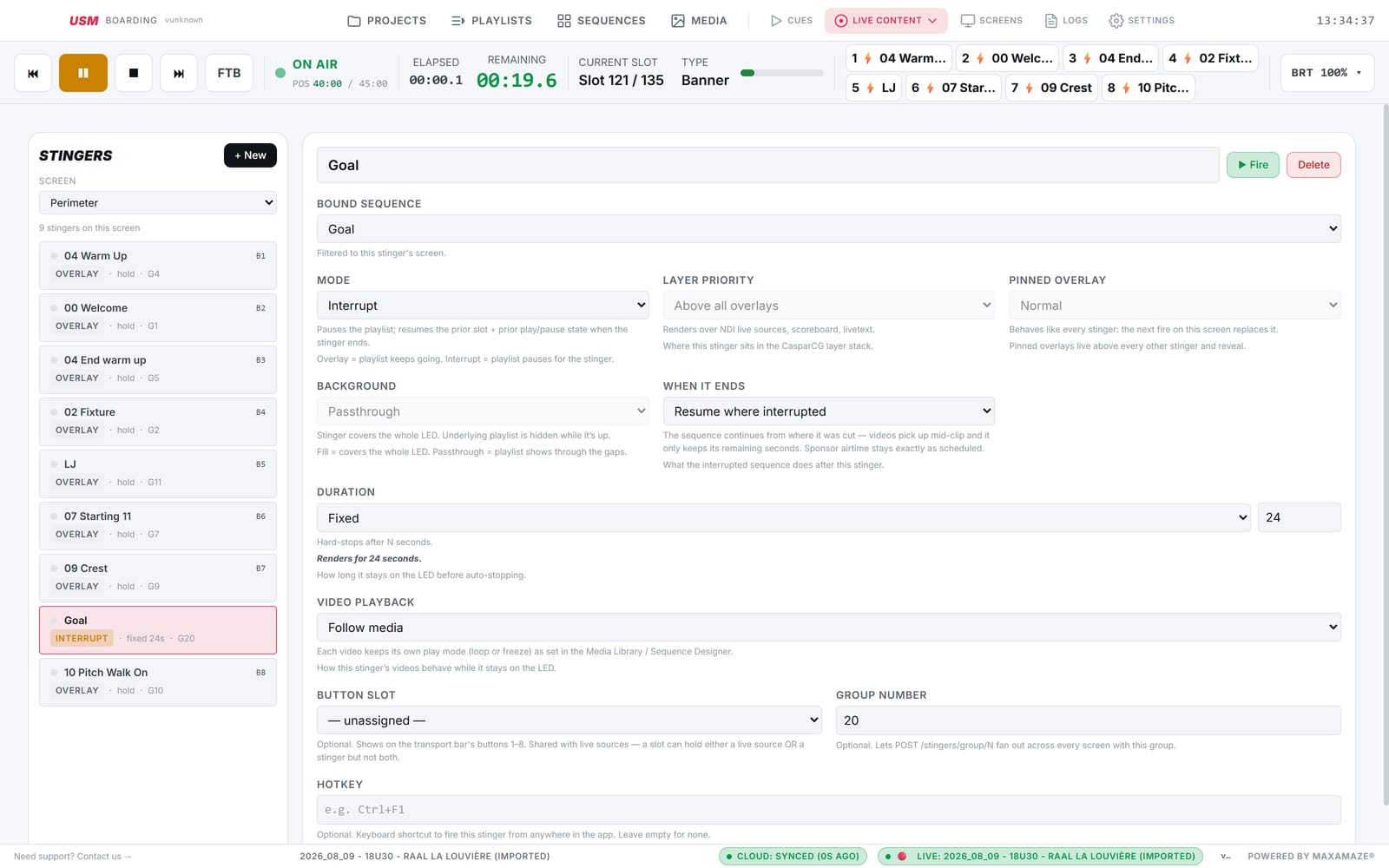 Stingers configuration page