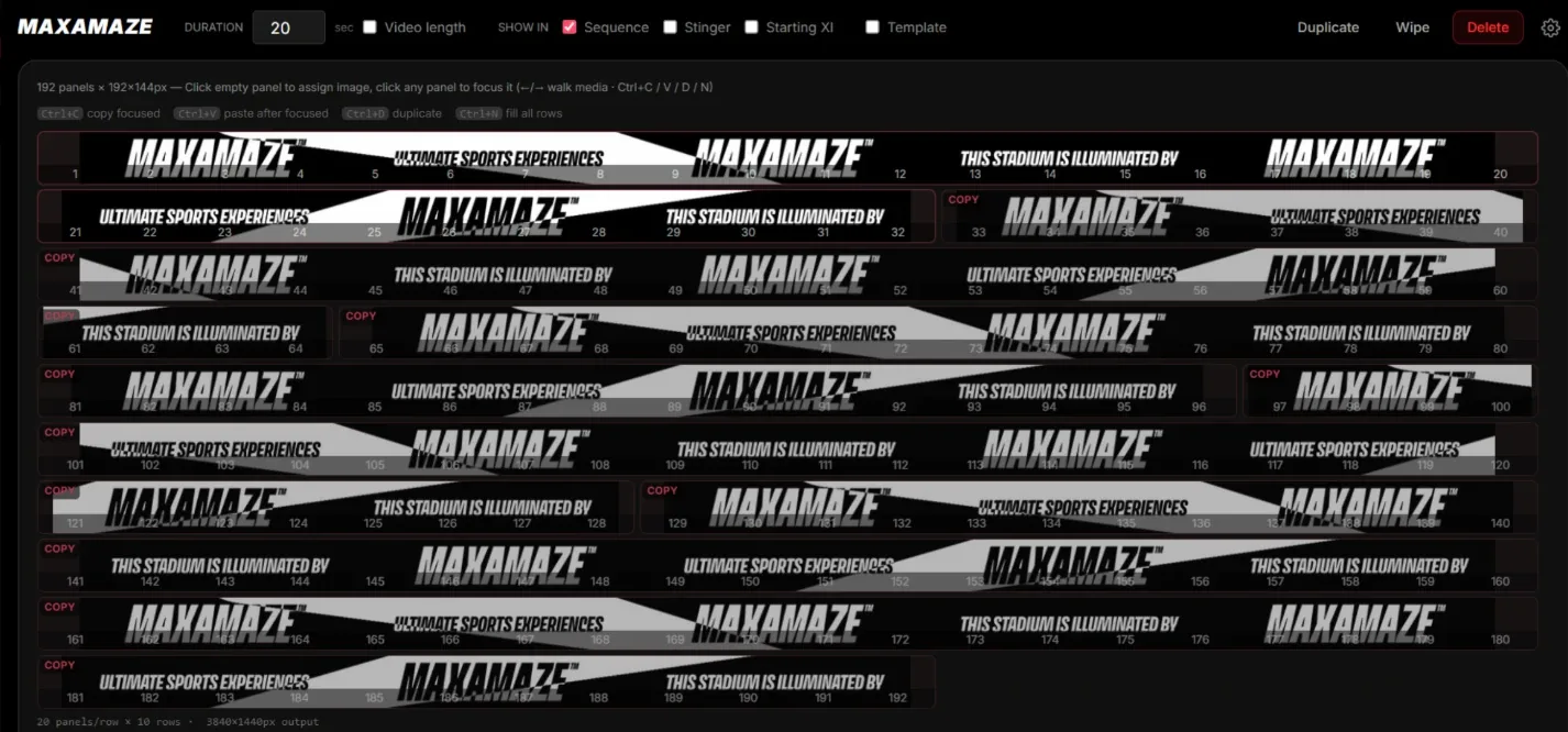 The Sequence Designer in USM Boarding: a 3840 by 1440 perimeter drawn as 192 numbered panels in ten rows, with Maxamaze banners laid across them